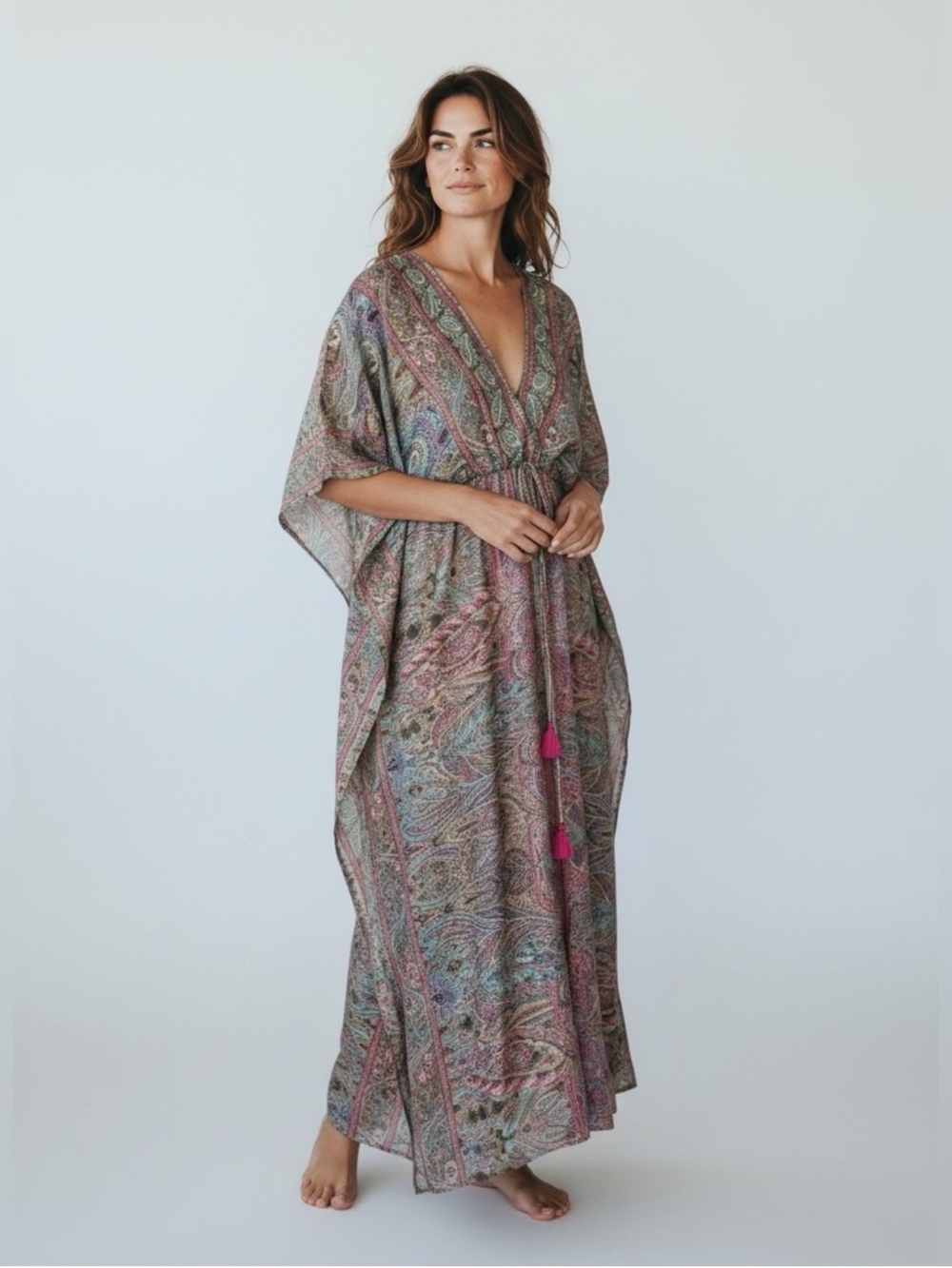 Mumey NWT silky long deep V beach cover up dress kaftan resort wear medium
